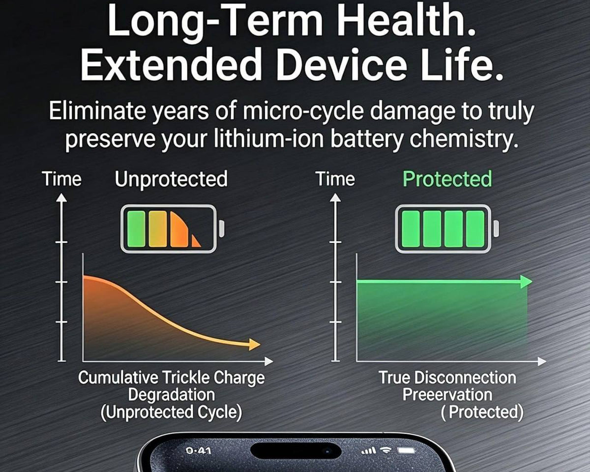 Diagram showing battery health over time with unprotected and protected scenarios, featuring a smartphone at the bottom.