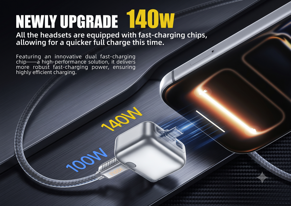 Promotional graphic for a 140W fast-charging cable and charger adapter, showing a smartphone connected to the cable with text highlighting 140W charging and a 100W indicator. The background is a dark textured metallic surface.